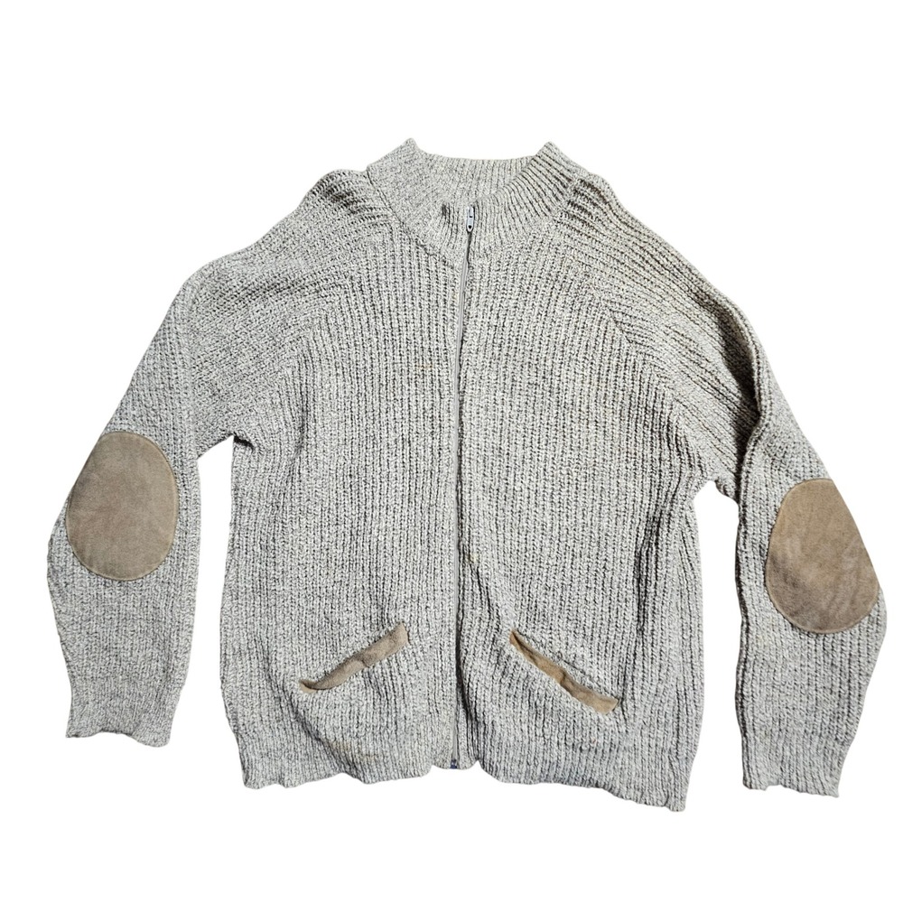 Orvis Wool Blend Full Zip Cardigan Sweater Suede Elbow Patches XL Quiet Luxury